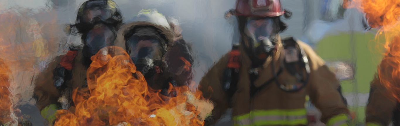 Firefighters with protective masks, full gear, fighting fires.