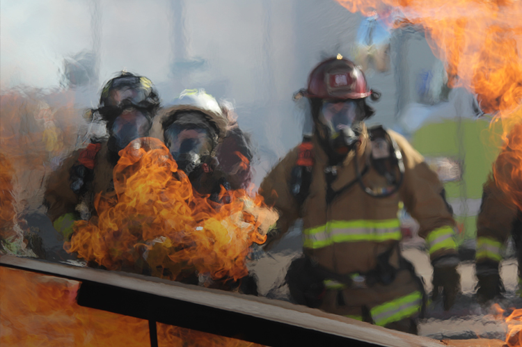 Firefighters with protective masks, full gear, fighting fires.