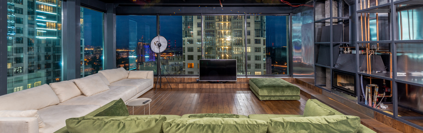 Interior Design City High Rise apartment at night.