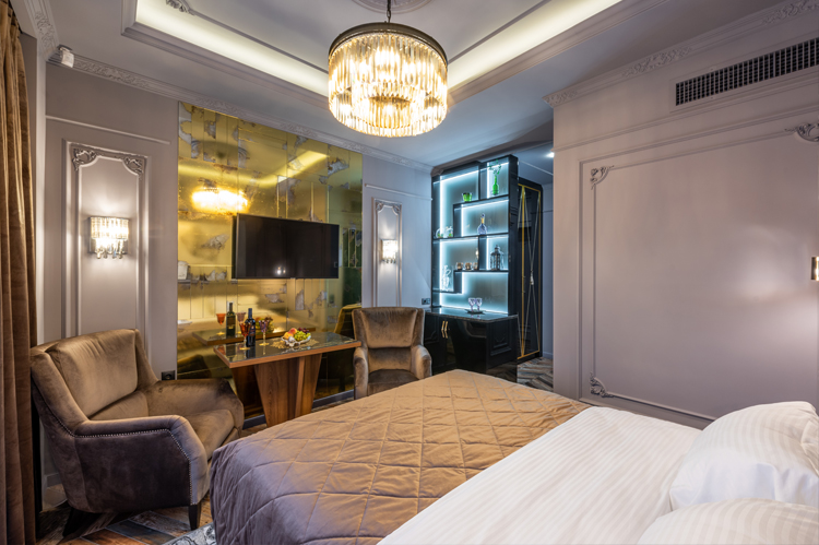 Interior modern bedroom with colorlit wall highlights. 