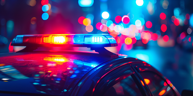 Close-up of a police car roof with red and blue lights flashing at night, with blurred city street lights in the background.