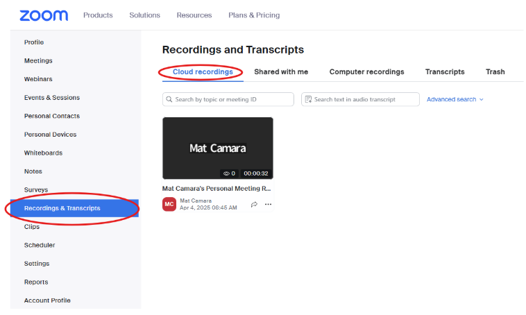 navigate to Zoom Recordings