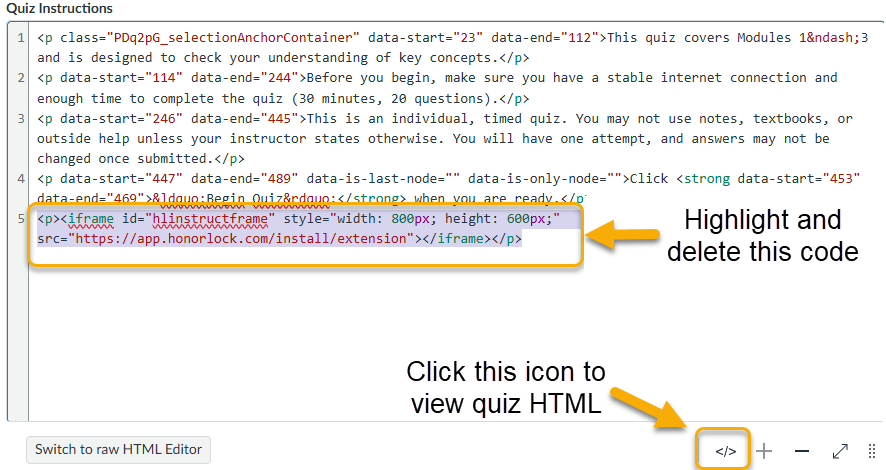 highlight honorlock code and delete