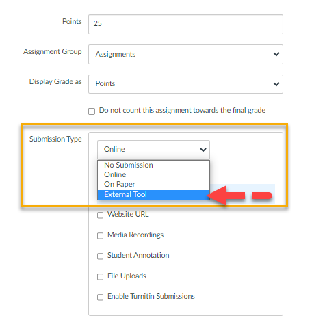 Under submission type, select "External Tool"