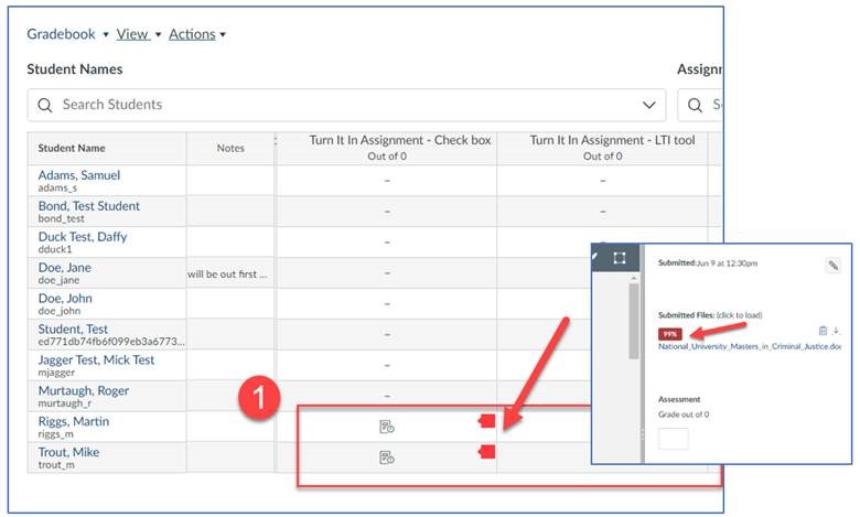 View of Canvas Gradebook with submitted assignments and Turnitin tags, and view of similarity score in Speedgrader.