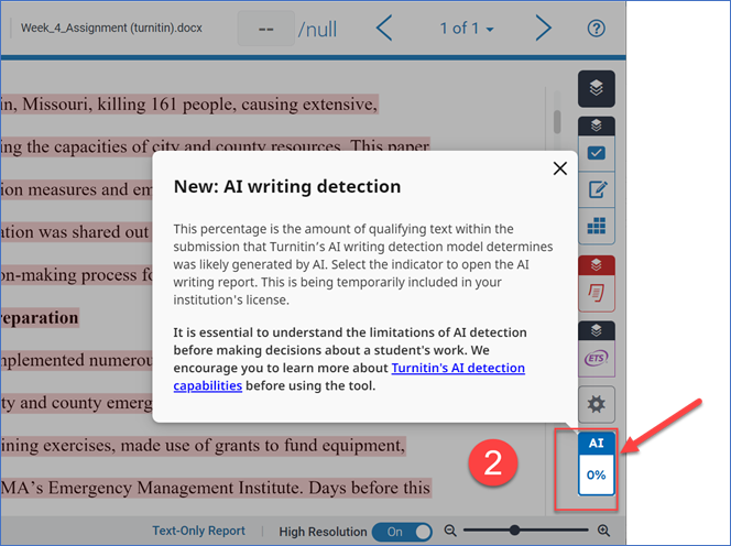 View of Turnitin Feedback Studio, showing highlighted similarity report information and AI score. 