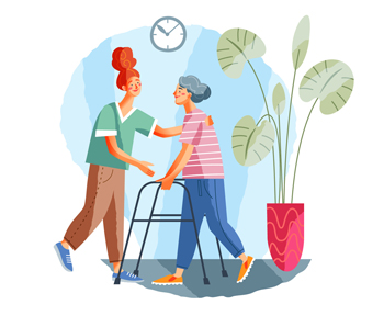 illustration - OTA helps an elderly woman walk with a walker.