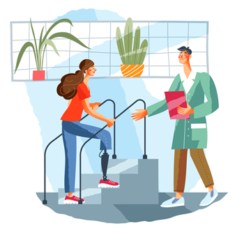 illustration - OTA helping a woman walk up stairs.