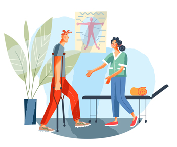 illustration - OTA helping patient walk with crutches.