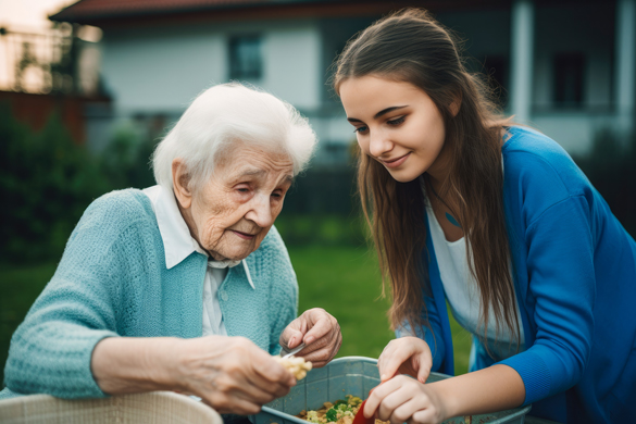 Young female OTA assisting an elderly woman.