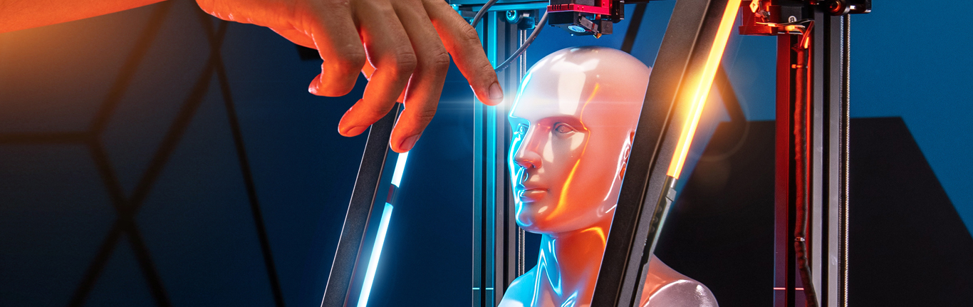 3D Printer - human hand reaching out to touch a 3D face and shoulder bust.