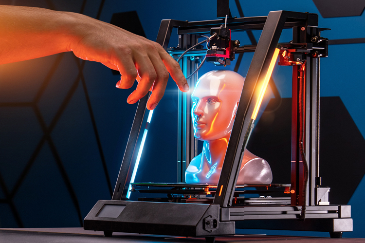 3D Printer - human hand reaching out to touch a 3D face and shoulder bust.