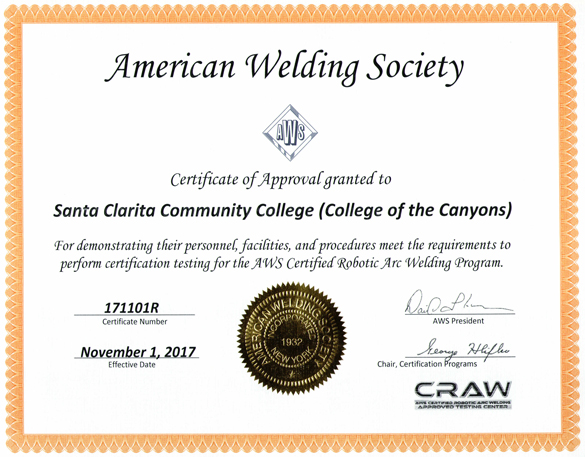 Certificate of Approval - AWS Certified Robotic Arc Welding