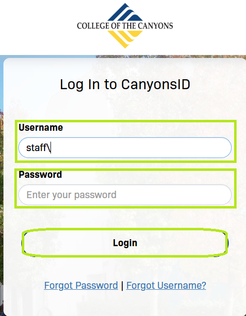 User name and password entry
