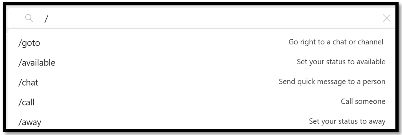 Screen-shot of the TEAMS application search bar, when clicked.