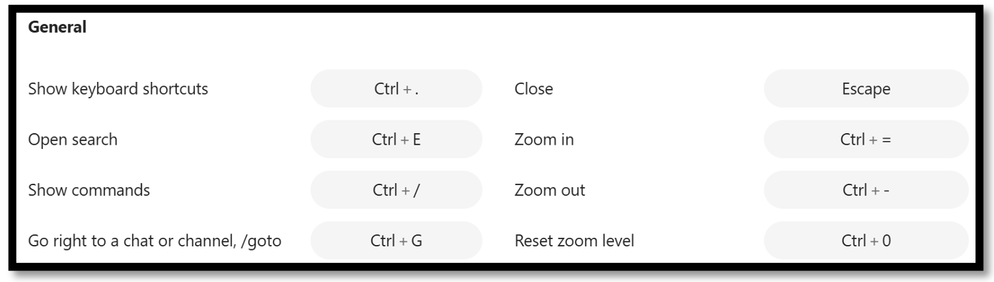 Image of example shortcut keys combinations for the TEAMS application.