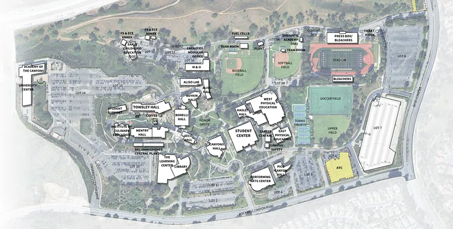 Overhead Valencia campus site map showing labeled buildings, parking lots, and athletic facilities including a stadium, baseball and softball fields, soccer field, and tennis courts.
