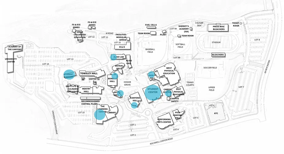 Valencia campus map showing building locations, parking lots, and athletic facilities, with several key buildings highlighted in blue (e.g., Student Center, Library, and Towley Hall).