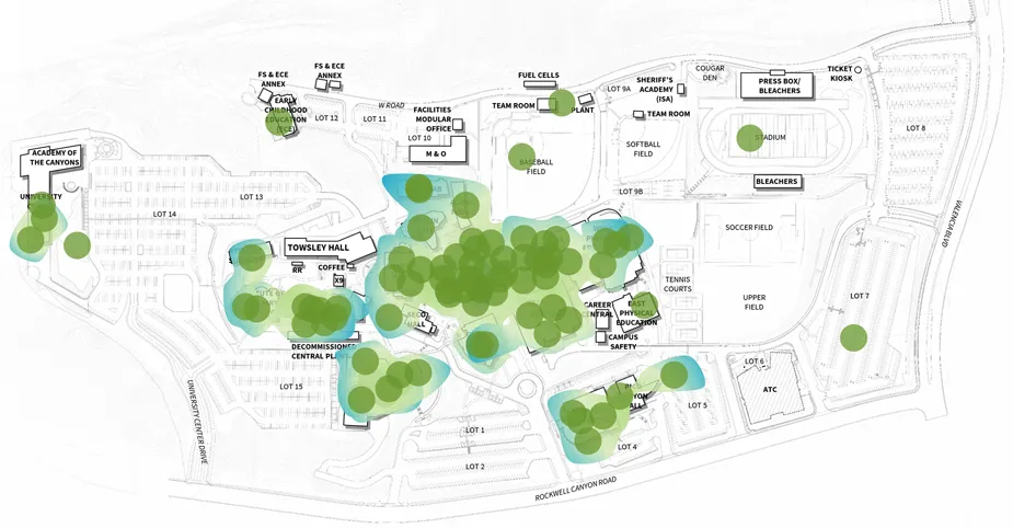 Valencia campus map with labeled buildings and athletic fields overlaid with green dots and blue highlights indicating areas of activity or concentration.