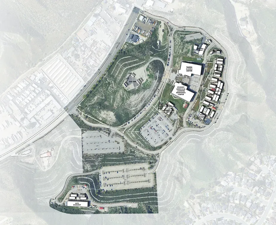 Annotated aerial site plan of the Canyon Country campus with roads, parking lots, landscaped open space, and labeled buildings including a student services center and student learning resources center.