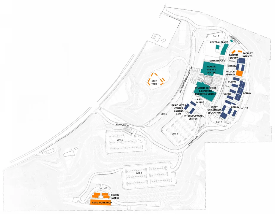 Color-coded Canyon Country campus map showing building clusters and key facilities, including the Takeda Science Center, Student Services & Learning Resource Center, Central Plant, greenhouse, and faculty offices, s