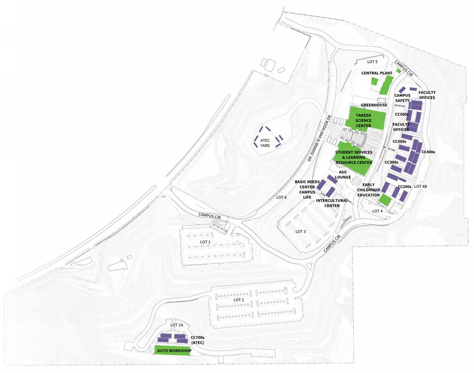 Canyon Country campus site map showing roads, parking lots, and labeled facilities, with academic buildings in purple and student services and science/greenhouse areas in green.