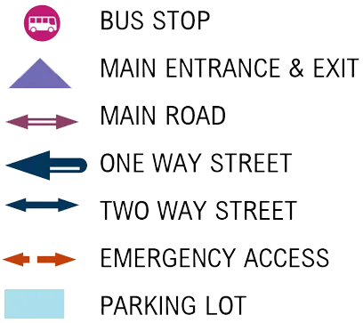 Legend of map symbols showing icons for bus stop, main entrance and exit, main road, one-way street, two-way street, emergency access, and parking lot.