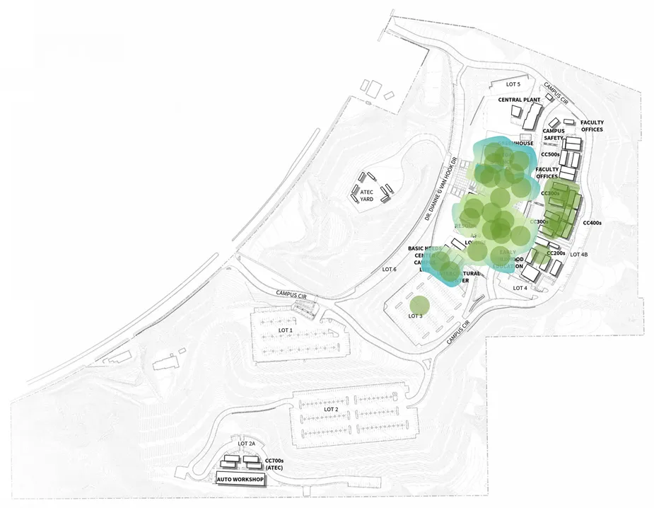 Canyon Country campus site plan showing buildings, roads, and parking lots, with green and blue circles highlighting a cluster of trees near the central campus buildings.