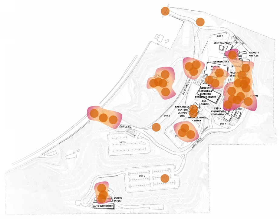 Canyon Country campus site map with a heatmap overlay of orange and pink circles indicating clustered activity hotspots around multiple buildings and parking lots.