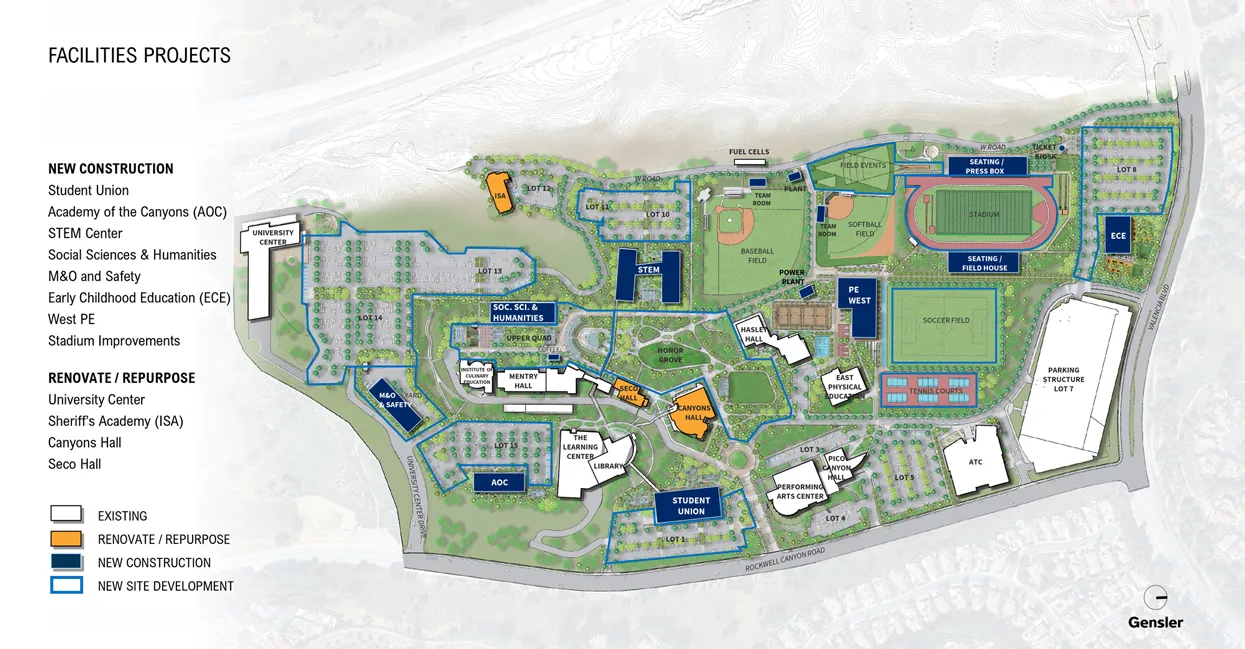 Campus facilities projects site plan showing existing buildings and proposed new construction and renovations, including academic buildings, student union, parking, and athletic fields and stadium.