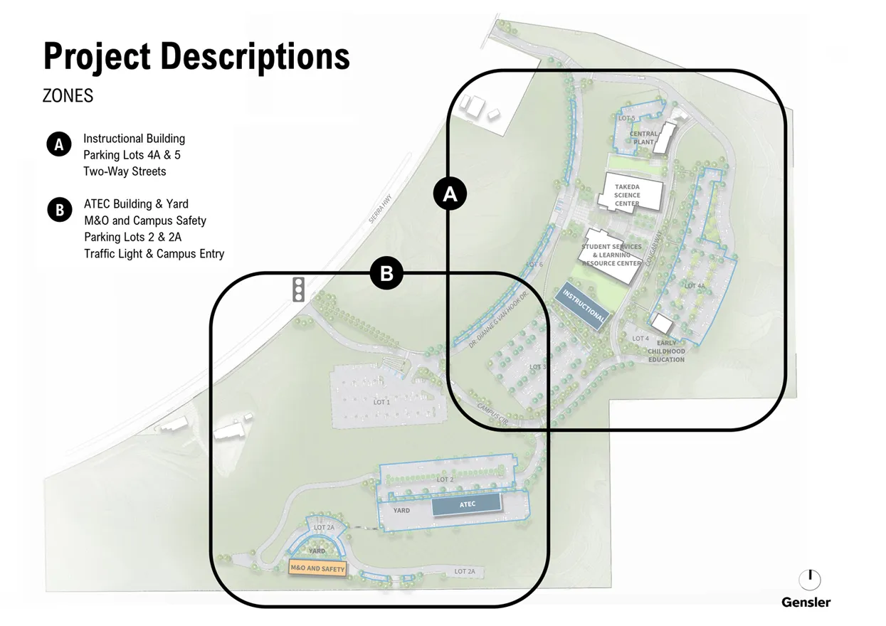 Site plan titled “Project Descriptions” highlighting two zones (A and B) with outlined areas showing campus buildings, parking lots, streets, and a traffic light/entry location.