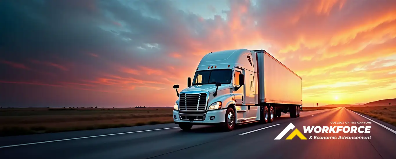 An 18-wheeler travels along a road at sunset. Image includes logo for Workforce and Economic Advancement.