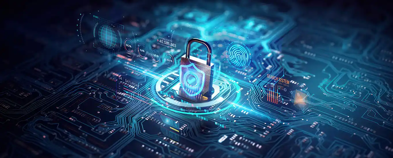 Locked padlock with abstract technology background.