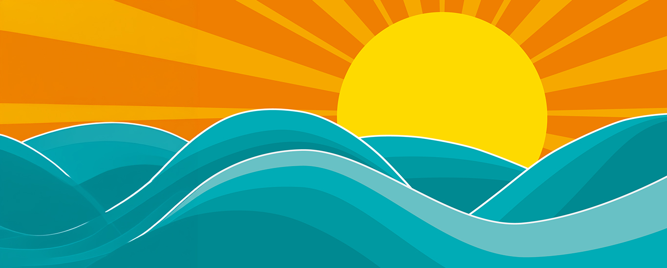 Abstract illustration of a yellow sun rising above rolling blue waves.