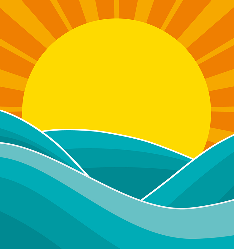 Abstract illustration of a yellow sun rising above rolling blue waves.