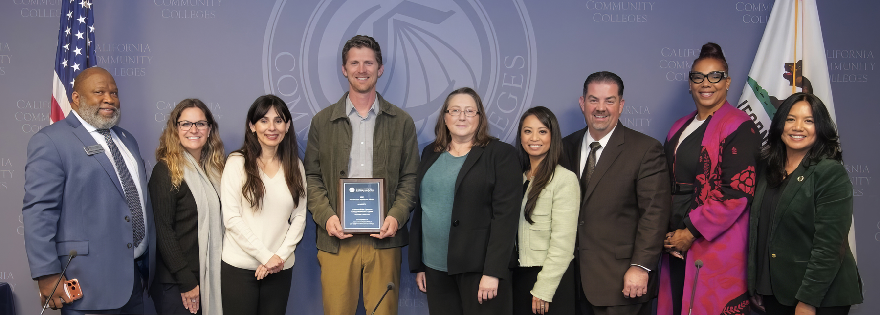 Pictured from left: Robert L. Stewart Jr., Academic Senate for California Community Colleges; Interim Assistant Superintendent/Vice President of Instruction Dr. Thea Sweo Alvarado; California Community Colleges Chancellor Sonya Christian; Rising Scholars Faculty Coordinator Garrett Rieck; Dean of Academic Innovation and Continuing Education Dianne Avery; Board of Governors President Hildegarde B. Aguinaldo; Board of Governors Vice President Bill Rawlings; ASCCC President LaTonya Parker-Parnell; and California Community Colleges Deputy Chancellor Rowena M. Tomaneng.