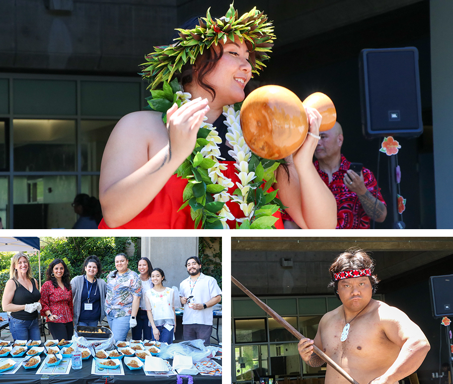 Collage from the AANHPI cultural event, featuring a woman in a leaf lei and head wreath playing a gourd rattle, a group posing behind a food table, and a performer holding a long spear.