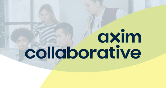 Axim Collaborative branding overlay of a group of students working on a project together.