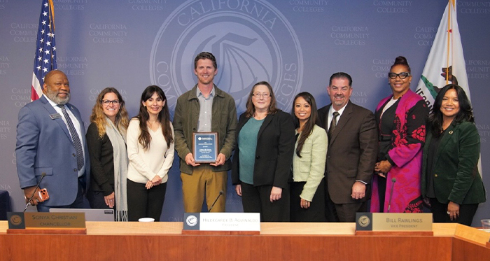 Pictured from left: Robert L. Stewart Jr., Academic Senate for California Community Colleges; Interim Assistant Superintendent/Vice President of Instruction Dr. Thea Sweo Alvarado; California Community Colleges Chancellor Sonya Christian; Rising Scholars Faculty Coordinator Garrett Rieck; Dean of Academic Innovation and Continuing Education Dianne Avery; Board of Governors President Hildegarde B. Aguinaldo; Board of Governors Vice President Bill Rawlings; ASCCC President LaTonya Parker-Parnell; and California Community Colleges Deputy Chancellor Rowena M. Tomaneng.
