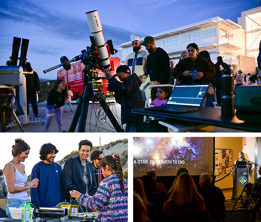 Collage of a community stargazing event, with people gathered around a telescope outdoors, hands-on science activities, and an indoor astronomy presentation.