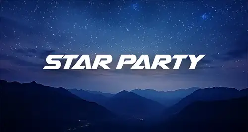 Logo design for "Star Party" set against a starry night sky over mountains.