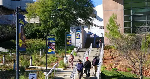Students the stairs from Aliso Hall
