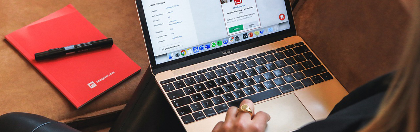 Woman on computer seeking a job.