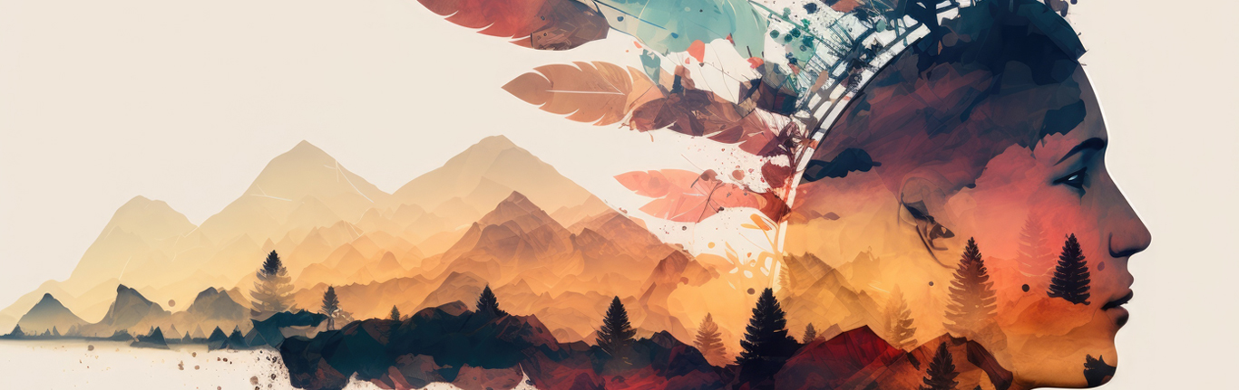 Native American silhouette, head morphing into mountains, landscape, feathers or totem animal, watercolor style, AI generative