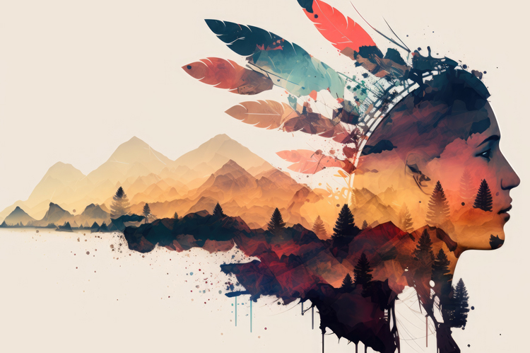 Native American silhouette, head morphing into mountains, landscape, feathers or totem animal, watercolor style, AI generative