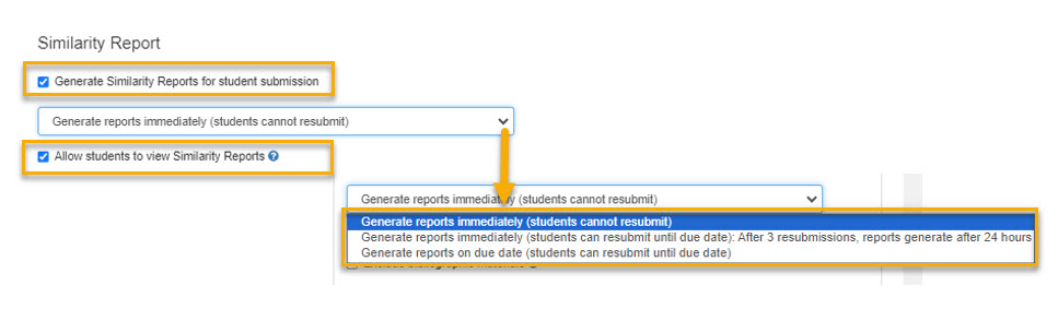 Turnitin Similarity Report setting options