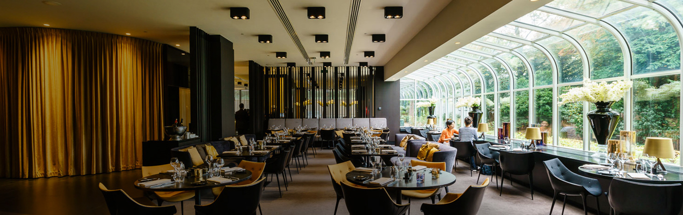 Restaurant in a hotel, beautiful bank of windows. 