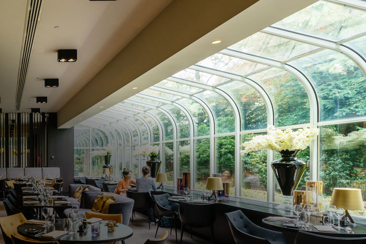 Restaurant in a hotel, beautiful bank of windows. 